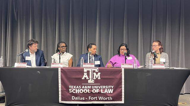 From left to right, Brent Beasley of the Fort Worth Education Partnership; Trenace Dorsey-Hollins of Parent Shield Fort Worth; Domingo Morel, associate professor of political science at New York University; Cynthia Rincon, education attorney and partner at O’Hanlon, Demerath & Castillo; and Samantha Stimson, teacher and English Department chair at O.D. Wyatt High School in Fort Worth ISD speak about the state takeover of Fort Worth ISD during a panel event at Texas A&M University School of Law in downtown Fort Worth on Wednesday, March 18, 2026.
